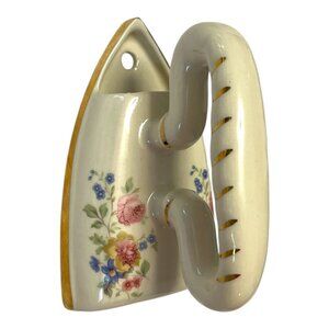 Vintage Ceramic Flat Iron Wall Pocket – Floral & Gold Trim – Edwardian Kitchen G